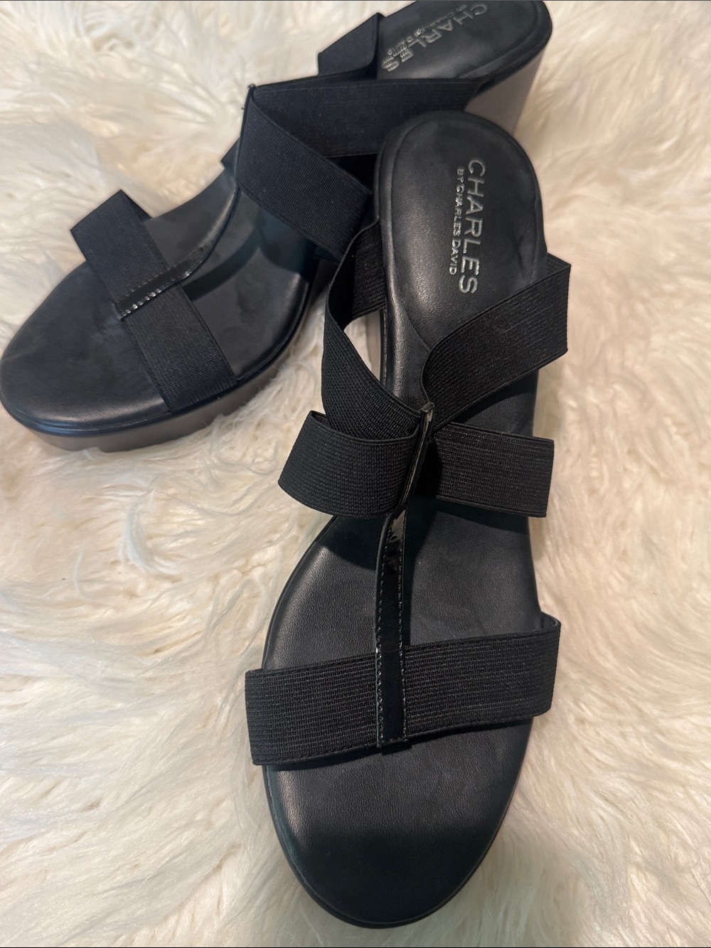 Charles by Charles David Black Elastic Strap Wedge Sandals 9.5